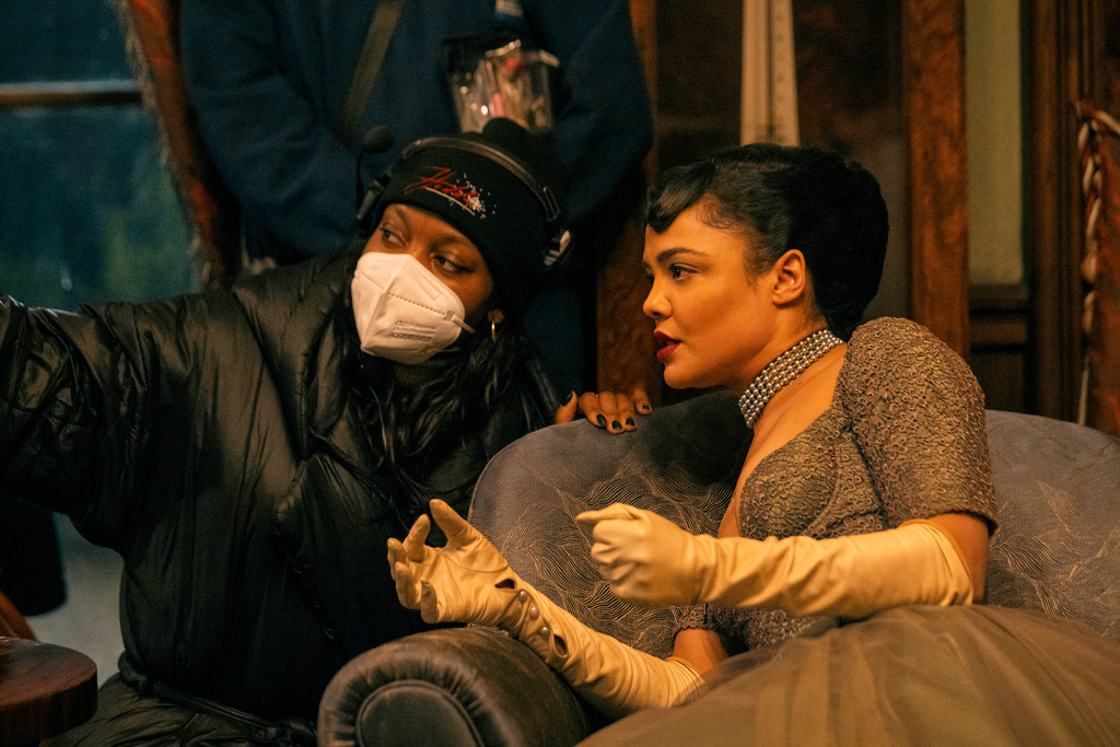 This image released by Prime shows director Nia DaCosta, left, with actor Tessa Thompson on the set of "Hedda." (Prime via AP)