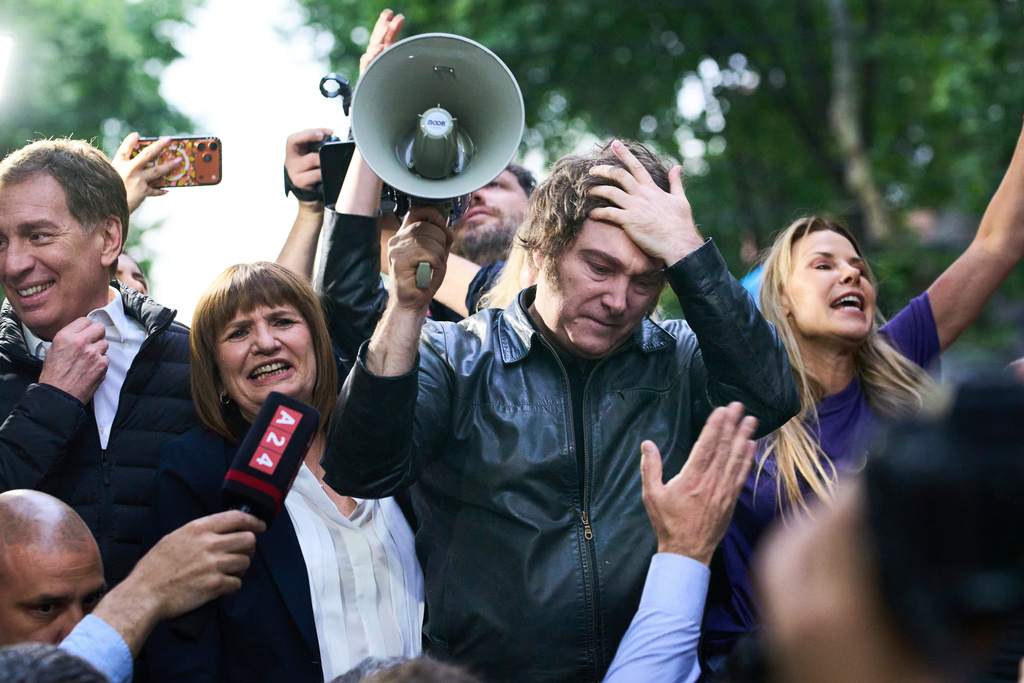 FILE - President Javier Milei holds a megaphone while leading a campaign rally ahead of mid-term elections, in Tres de Febrero, Buenos Aires province, Argentina, Oct. 17, 2025. (AP Photo/Rodrigo Abd, File)