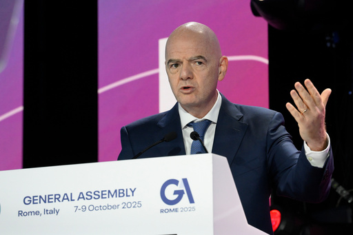 FIFA President Gianni Infantino speaks during the 32nd European Football Clubs General Assembly in Rome, Italy, Thursday Oct. 9, 2025. (Fabrizio Corradetti/LaPresse via AP) FIFA President Gianni Infantino speaks during the 32nd European Football Clubs General Assembly in Rome, Italy, Thursday Oct. 9, 2025. (Fabrizio Corradetti/LaPresse via AP)
