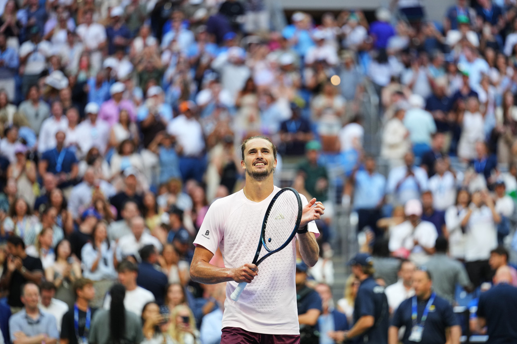 Alexander Zverev, of Germany, celebrates winning a match against Karen Khachanov, of Russia, during the men's singles semifinals of the U.S. Open tennis championships, Friday, Sept. 11, 2026, in New York. (AP Photo/Kirsty Wigglesworth)