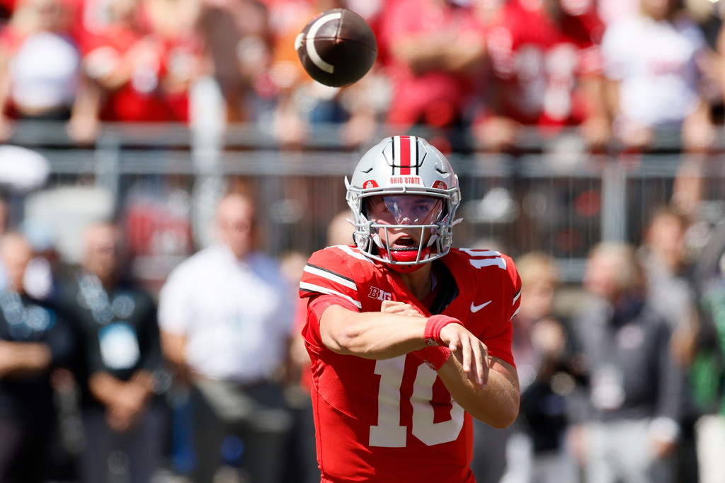 FILE - Ohio State quarterback Julian Sayin plays against Texas during an NCAA college football game, Saturday, Aug. 30, 2025, in Columbus, Ohio. (AP Photo/Jay LaPrete, File)