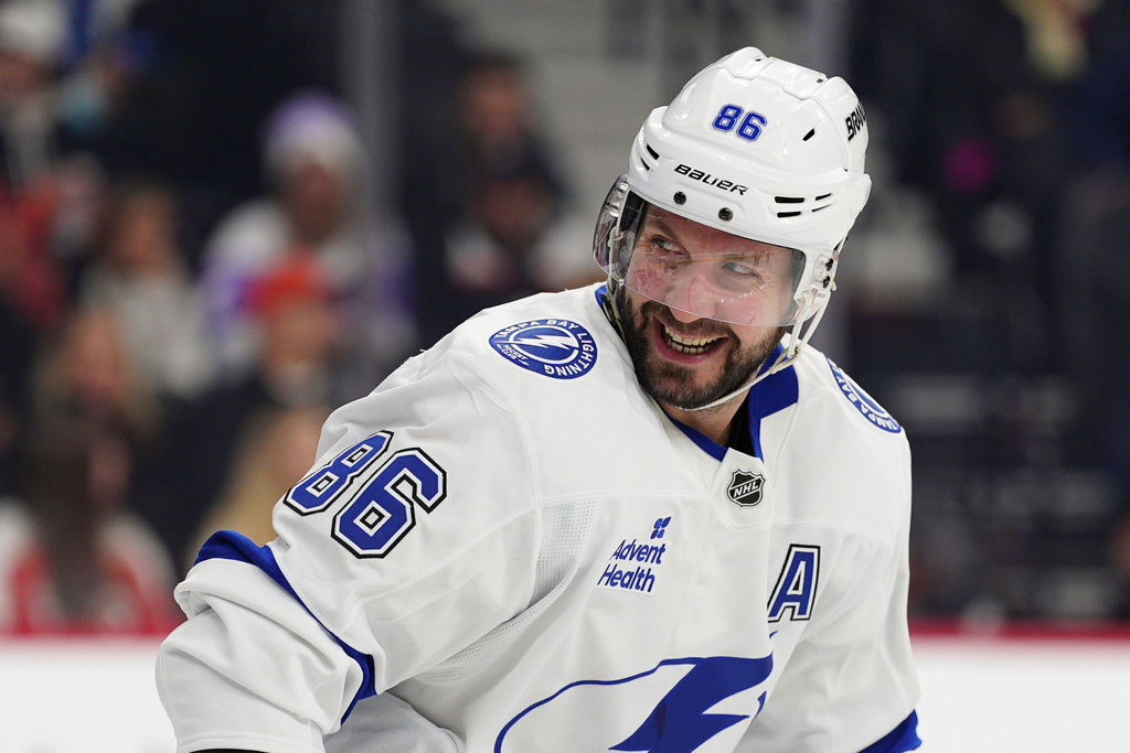 Tampa Bay Lightning's Nikita Kucherov celebrates his goal during the first period of an NHL hockey game against the Philadelphia Flyers, Saturday, Jan. 10, 2026, in Philadelphia. (AP Photo/Derik Hamilton)
