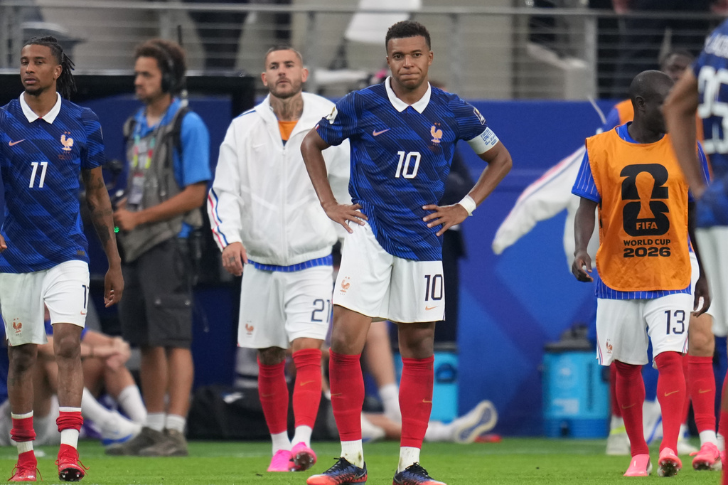 France's Kylian Mbappe (10) gestures after the World Cup semifinal soccer match between France and Spain in Arlington, Texas, near Dallas, Tuesday, July 14, 2026. (AP Photo/Abbie Parr)