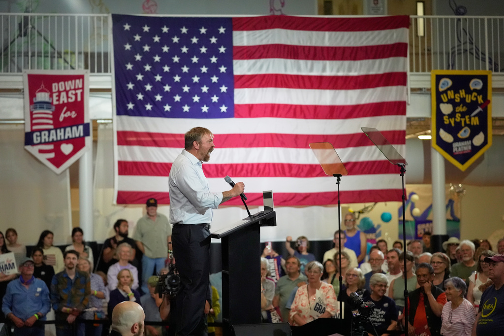 Democratic U.S. Senate candidate Graham Platner speaks during a primary election night watch party after winning the Democratic nomination Tuesday, June 9, 2026, in Blue Hill, Maine. (AP Photo/Robert F. Bukaty)