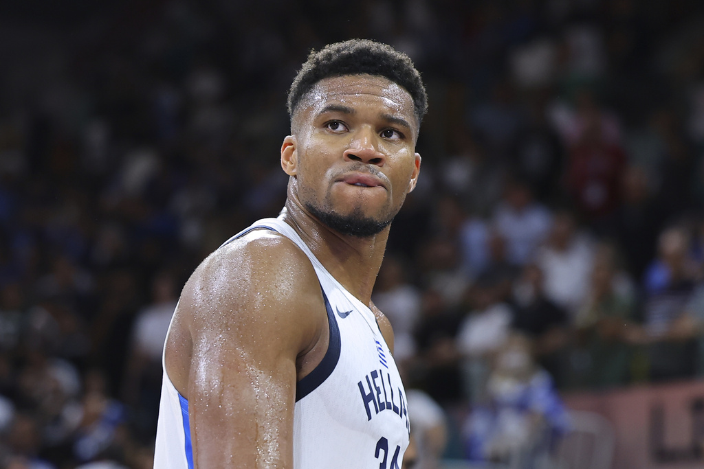 Greece's Giannis Antetokounmpo reacts after his team won Italy during the Eurobasket, European Basketball Championship Group C match between Greece and Italy at the Spyros Kyprianou Arena in Limassol, Cyprus, Thursday, Aug. 28, 2025. (AP Photo/Chara Savvidou)