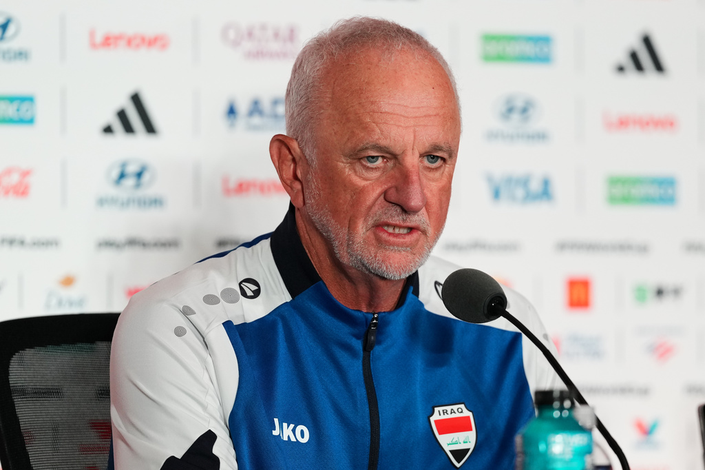 FILE - Iraq head coach Graham Arnold speaks during a news conference on the eve of the team's World Cup soccer match against Senegal, on June 25, 2026, in Toronto. (AP Photo/Stephanie Scarbrough, File)