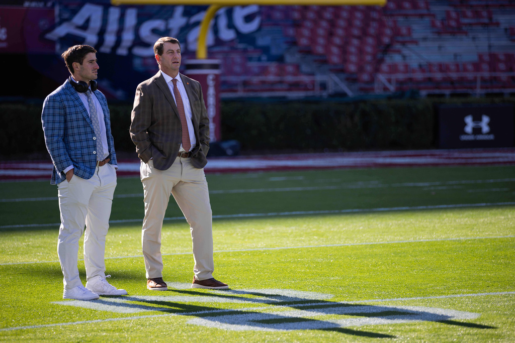 Clemson head coach Dabo Swinney waits on the field before an NCAA college football game against the South Carolina, Saturday, Nov. 29, 2025, in Columbia, S.C. (AP Photo/Scott Kinser)