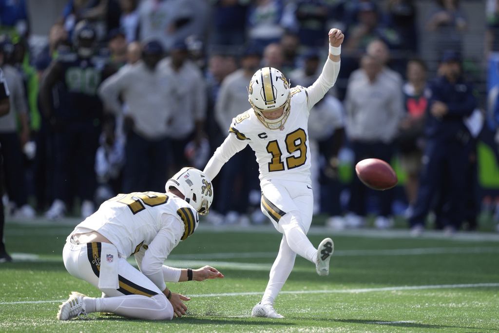 New Orleans Saints place-kicker Blake Grupe (19) kicks a field goal during the first half of an NFL football game against the Seattle Seahawks, Sunday, Sept. 21, 2025, in Seattle. (AP Photo/Stephen Brashear)