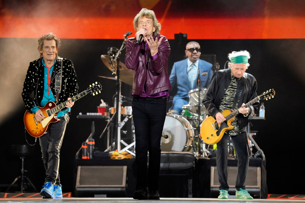 FILE - Ronnie Wood, from left, Mick Jagger, Steve Jordan, and Keith Richards of The Rolling Stones perform during the "Hackney Diamonds" tour on June 27, 2024, in Chicago. (Photo by Rob Grabowski/Invision/AP, File)
