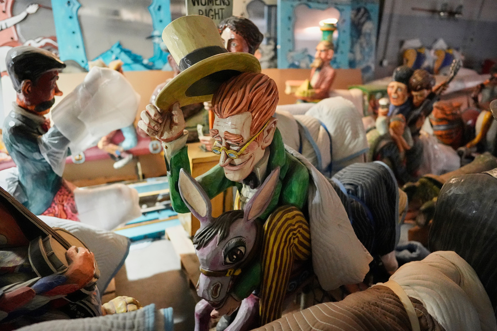 A figure of Andrew Jackson from the Fox Trot Carousel is seen in a state government storage facility Wednesday, June 24, 2026, in Nashville, Tenn. (AP Photo/George Walker IV)