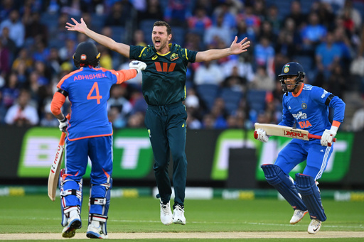 Australia's Josh Hazlewood, center, appeals unsuccessfully for the wicket of India's Shubman Gill, right, during their T20 cricket match in Melbourne, Australia, Friday, Oct. 31, 2025. (James Ross/AAP Image via AP) Australia's Josh Hazlewood, center, appeals unsuccessfully for the wicket of India's Shubman Gill, right, during their T20 cricket match in Melbourne, Australia, Friday, Oct. 31, 2025. (James Ross/AAP Image via AP)