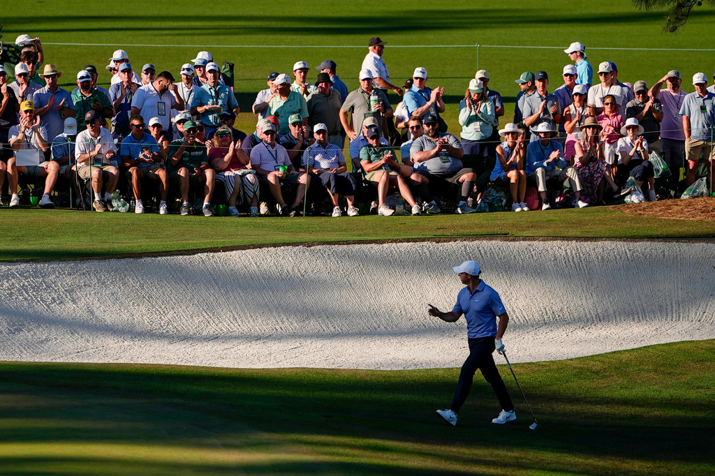 Rory McIlroy, of Northern Ireland, walks to green on the 15th hole during the third round of the Masters golf tournament at the Augusta National Golf Club, Saturday, April 11, 2026, in Augusta, Ga. (AP Photo/Eric Gay)