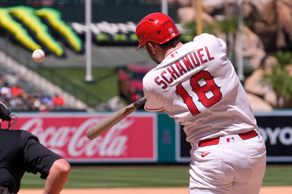 Los Angeles Angels' Nolan Schanuel hits a three RBI double during the seventh inning of a baseball game against the Toronto Blue Jays, Wednesday, April 22, 2026, in Anaheim, Calif. (AP Photo/Mark J. Terrill)