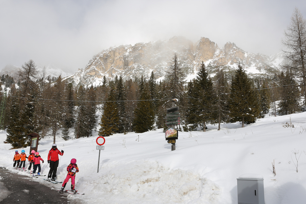 A view of the Cristallo mountain group is pictured in the Dolomites, which was once home to glaciers, seen from Olympic host city Cortina d'Ampezzo, Italy, Feb. 7, 2026 (AP Photo/ Jennifer McDermott)