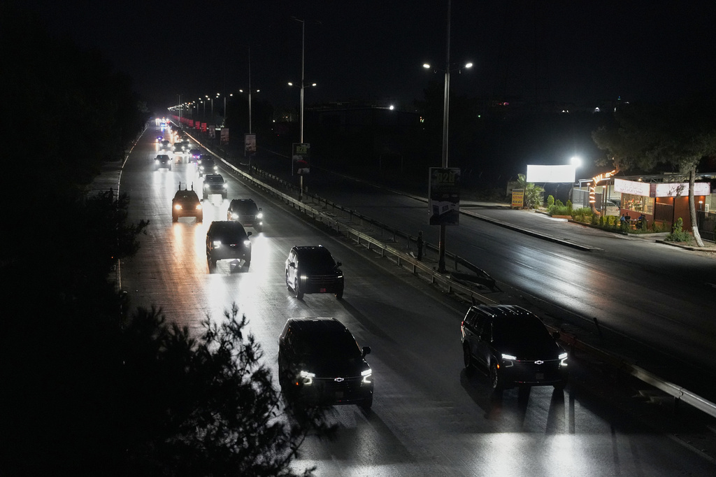 The convoy of French President Emmanuel Macron enters Damascus after arriving in Syria, becoming the first major Western leader to visit the country since Bashar Assad's ouster in 2024, in Damascus, Syria, Monday, July 6, 2026. (AP Photo/Omar Albam)