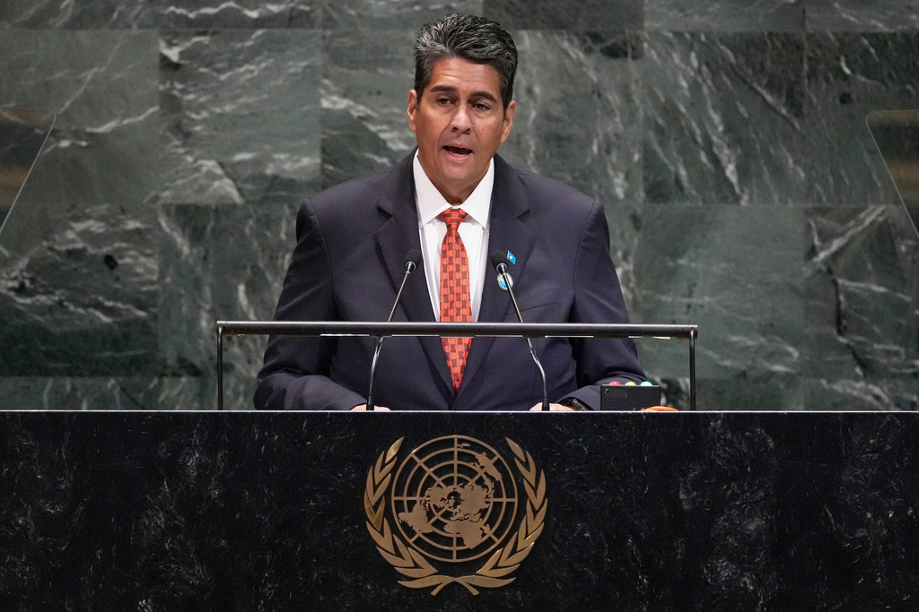 Palau President Surangel S. Whipps addresses the 80th session of the United Nations General Assembly, Thursday, Sept. 25, 2025. (AP Photo/Richard Drew)