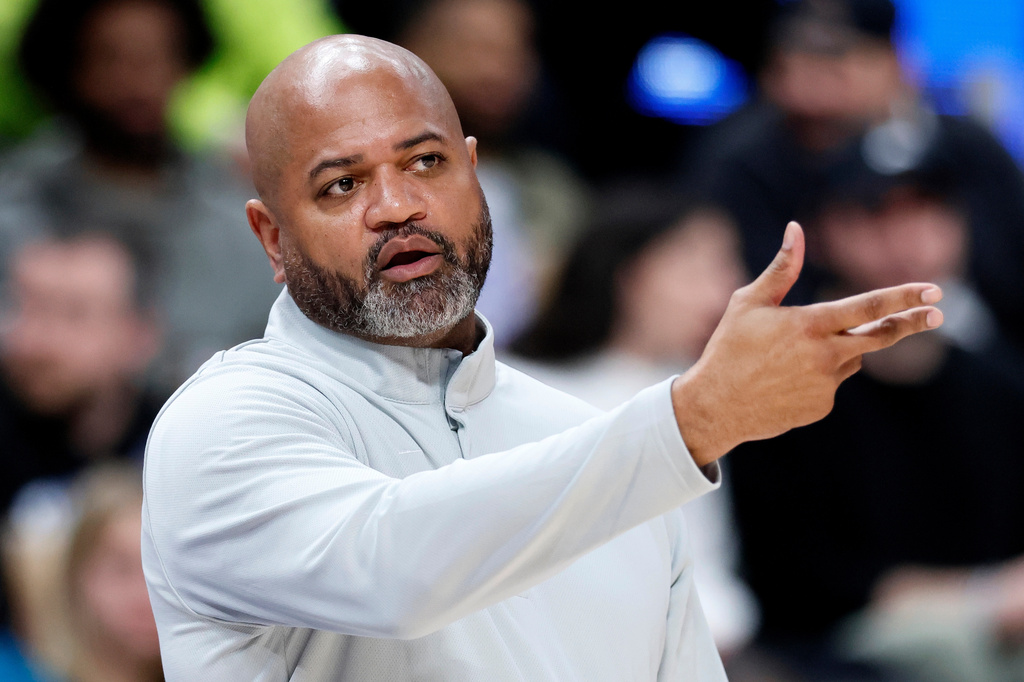 Detroit Pistons head coach J.B. Bickerstaff gestures to an official during the first half of an NBA basketball game against the Toronto Raptors Tuesday, March 31, 2026, in Detroit. (AP Photo/Duane Burleson)