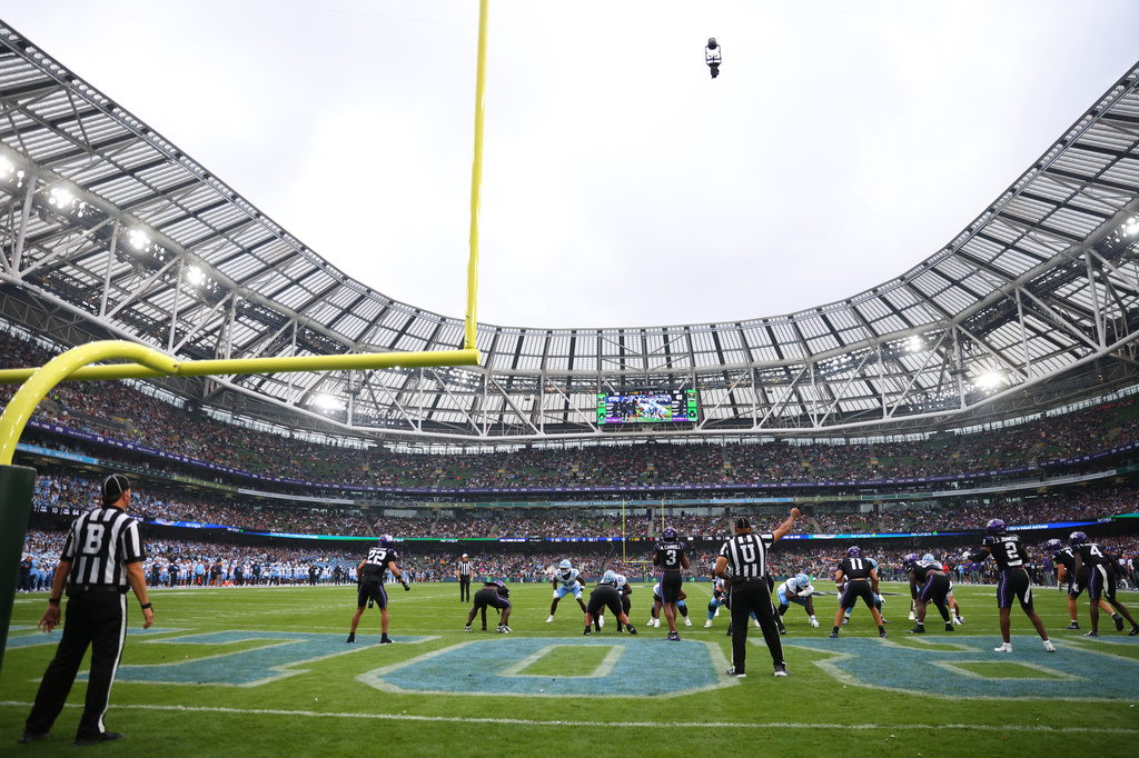 TCU takes on North Carolina during an NCAA college football game in Dublin, Ireland, Saturday, Aug. 29, 2026. (AP Photo/Peter Morrison)