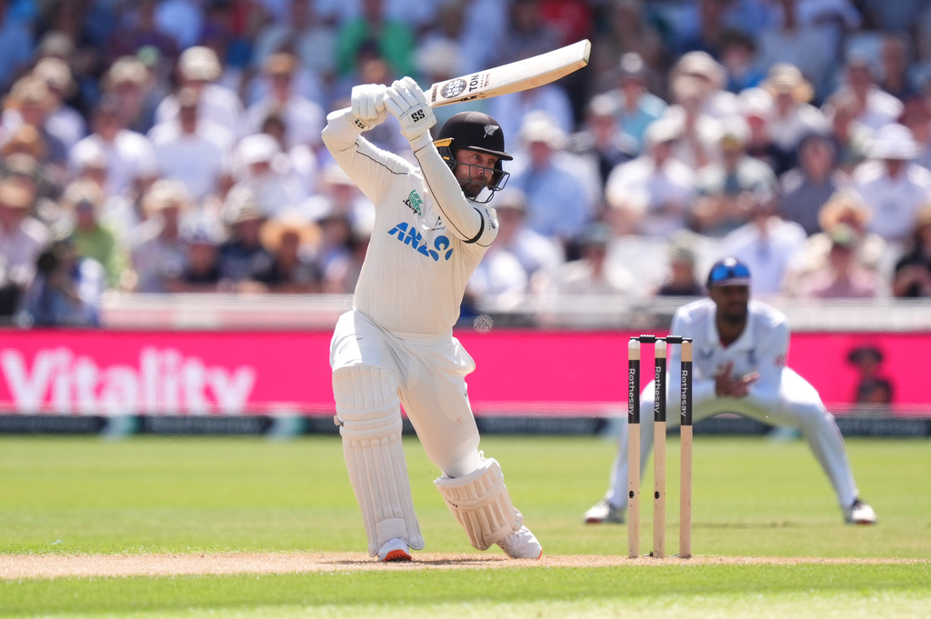 New Zealand's Devon Conway bats, during day one of the Third Test cricket match between England and New Zealand, in Nottingham, England, Thursday June 25, 2026. (Mike Egerton/PA via AP)