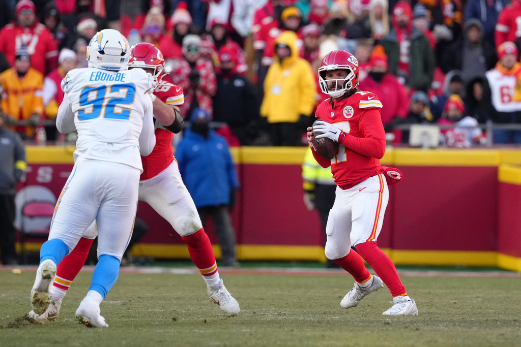 Kansas City Chiefs quarterback Gardner Minshew drops back to pass during the second half of an NFL football game against the Los Angeles Chargers Sunday, Dec. 14, 2025, in Kansas City, Mo. (AP Photo/Ed Zurga)