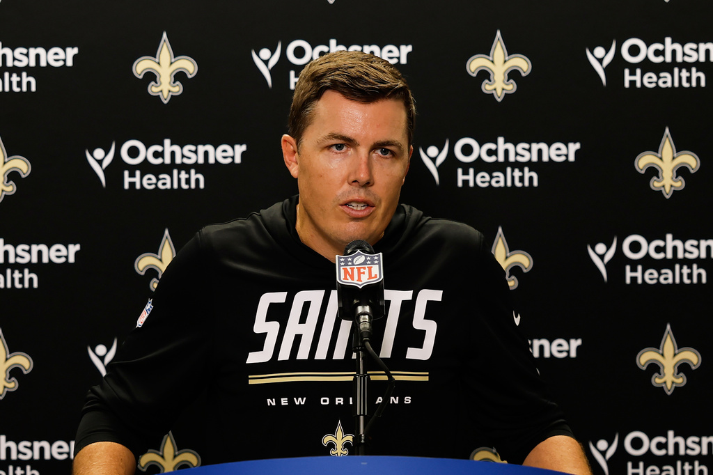 New Orleans Saints head coach Kellen Moore talks to reporters after an NFL football game against the Detroit Lions, Sunday, Sept. 13, 2026, in Detroit. (AP Photo/Rey Del Rio)