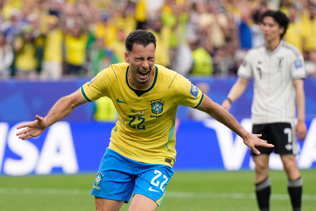 Brazil's Gabriel Martinelli (22) celebrates after scoring his side's second goal during the World Cup round of 32 soccer match between Brazil and Japan in Houston, Monday, June 29, 2026. (AP Photo/Ashley Landis)