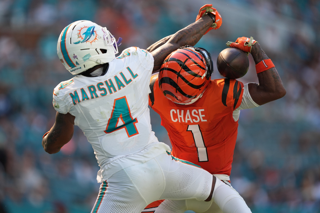 Cincinnati Bengals wide receiver Ja'marr Chase (1) catches a pass for a touchdown as Miami Dolphins cornerback Jason Marshall Jr. (4) defends during the second half of an NFL football game in Miami Gardens, Fla., Sunday, Oct. 11, 2026. (AP Photo/Rebecca Blackwell)