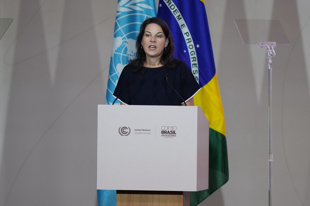 U.N. General Assembly President Annalena Baerbock speaks during a plenary session at the COP30 U.N. Climate Summit, Monday, Nov. 17, 2025, in Belem, Brazil. (AP Photo/Fernando Llano)