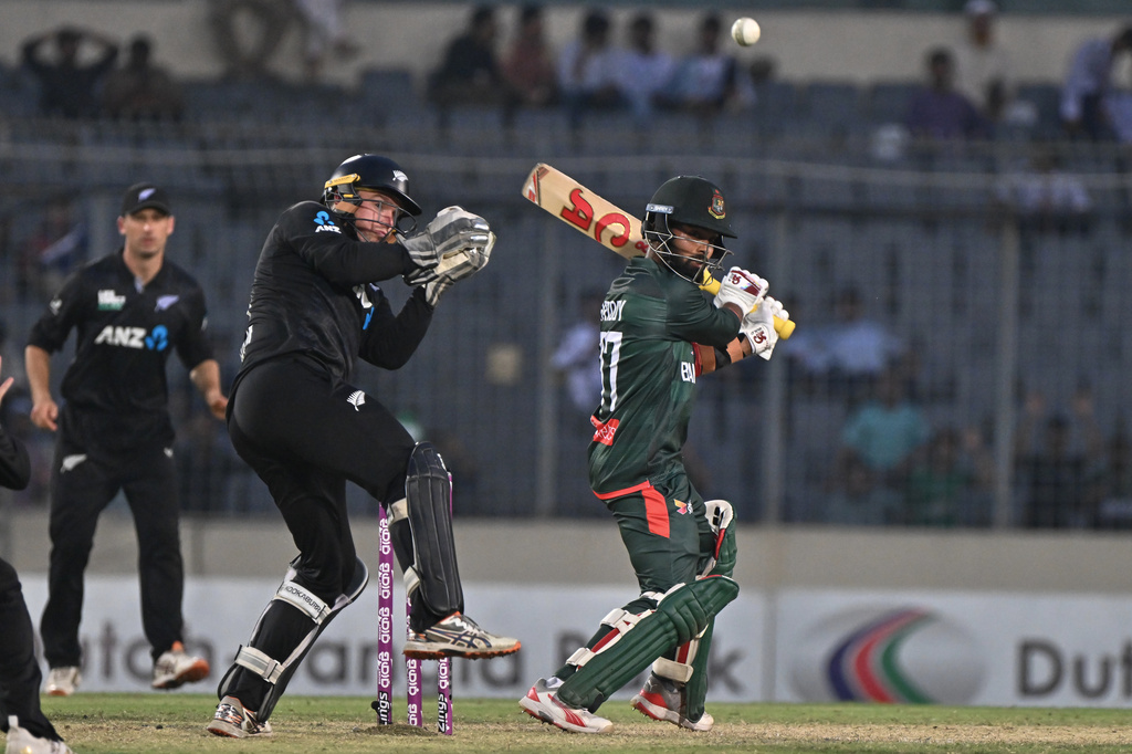 Bangladesh's Tawhid Hridoy plays a shot during the second one day international cricket match between Bangladesh and New Zealand in Mirpur, Bangladesh, Monday, April 20, 2026. (AP Photo/Mosaraf Hossain)