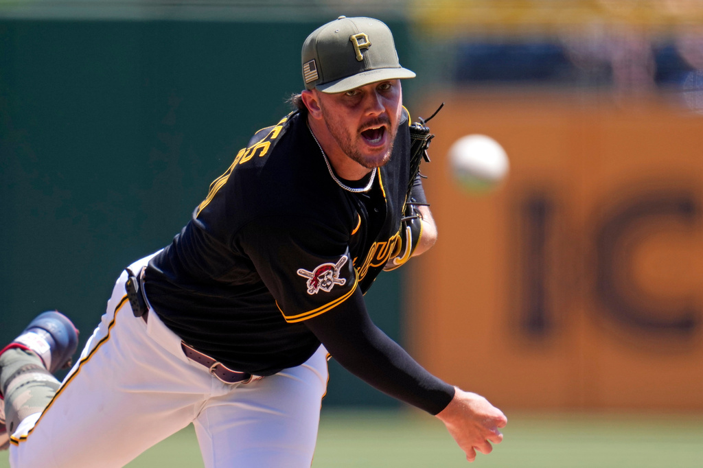 Pittsburgh Pirates pitcher Paul Skenes delivers during the first inning of a baseball game against the Philadelphia Phillies in Pittsburgh, Sunday, May 17, 2026. (AP Photo/Gene J. Puskar)
