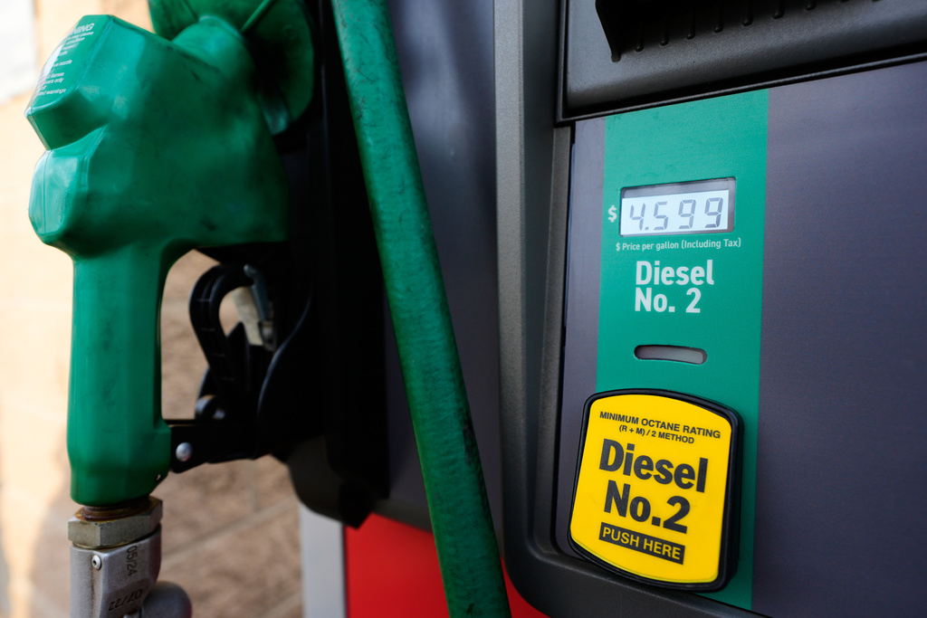 FILE - The current diesel fuel price is shown on a pump at a filling station in Richardson, Texas, March 6, 2026. (AP Photo/Tony Gutierrez, file)