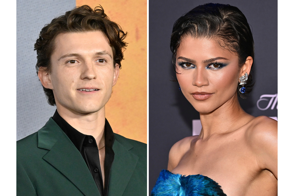 Tom Holland appears at the Apple TV+ limited series premiere of "The Crowded Room" in New York on June 1, 2023, left, and Zendaya appears at the special screening of "The Drama" in New York on April 2, 2026. (Photos by Evan Agostini/Invision/AP)