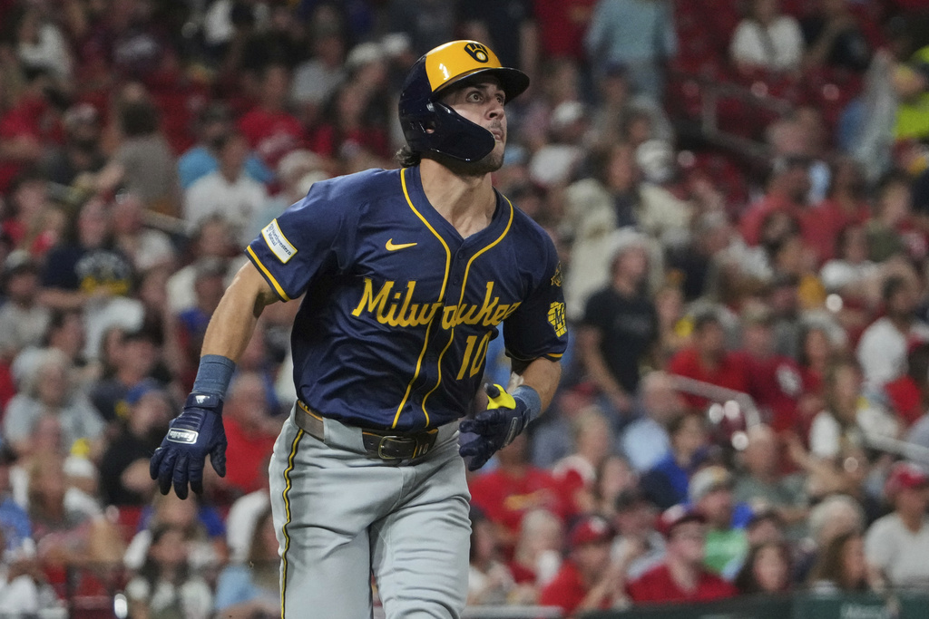 Milwaukee Brewers' Sal Frelick watches his solo home run during the third inning of a baseball game against the St. Louis Cardinals Friday, Sept. 19, 2025, in St. Louis. (AP Photo/Jeff Roberson)