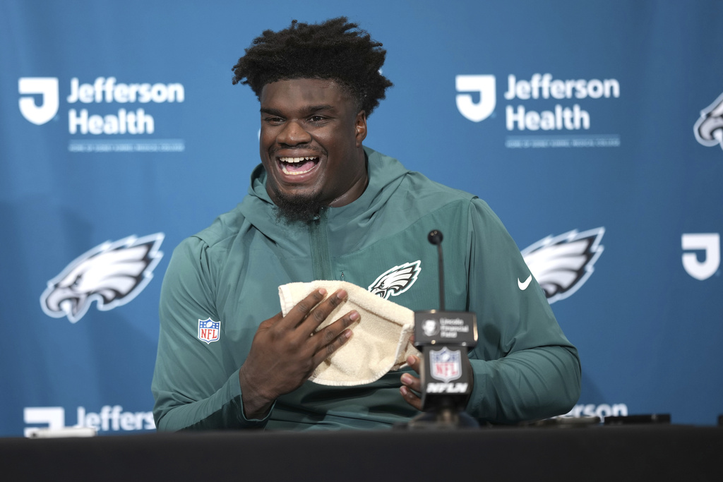 Philadelphia Eagles defensive tackle Jordan Davis speaks during a news conference following an NFL football game against the Los Angeles Rams Sunday, Sept. 21, 2025, in Philadelphia. (AP Photo/Matt Slocum)