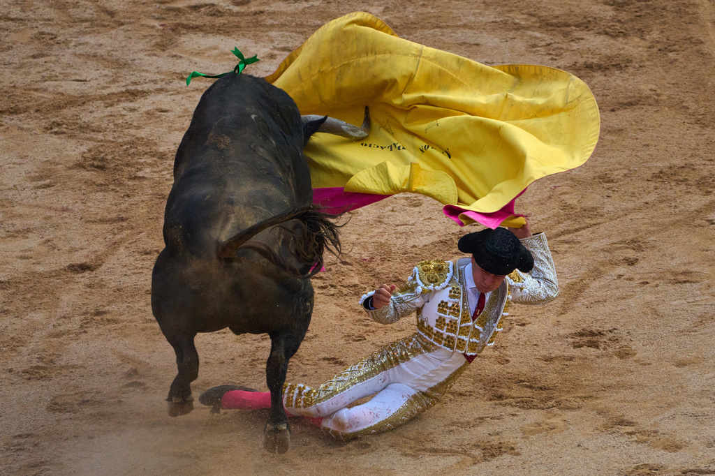 Spanish bullfighter Aarón Palacio falls during a bullfight at the San Fermín festival in Pamplona, northern Spain, Tuesday, July 7, 2026. (AP Photo/Miguel Oses)
