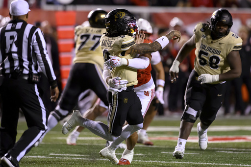 Colorado quarterback Kaidon Salter (3) is sacked by Utah defensive end Logan Fano (0) during the first half an NCAA college football game Saturday, Oct. 25, 2025, in Salt Lake City, Utah. (AP Photo/Tyler Tate) Colorado quarterback Kaidon Salter (3) is sacked by Utah defensive end Logan Fano (0) during the first half an NCAA college football game Saturday, Oct. 25, 2025, in Salt Lake City, Utah. (AP Photo/Tyler Tate)