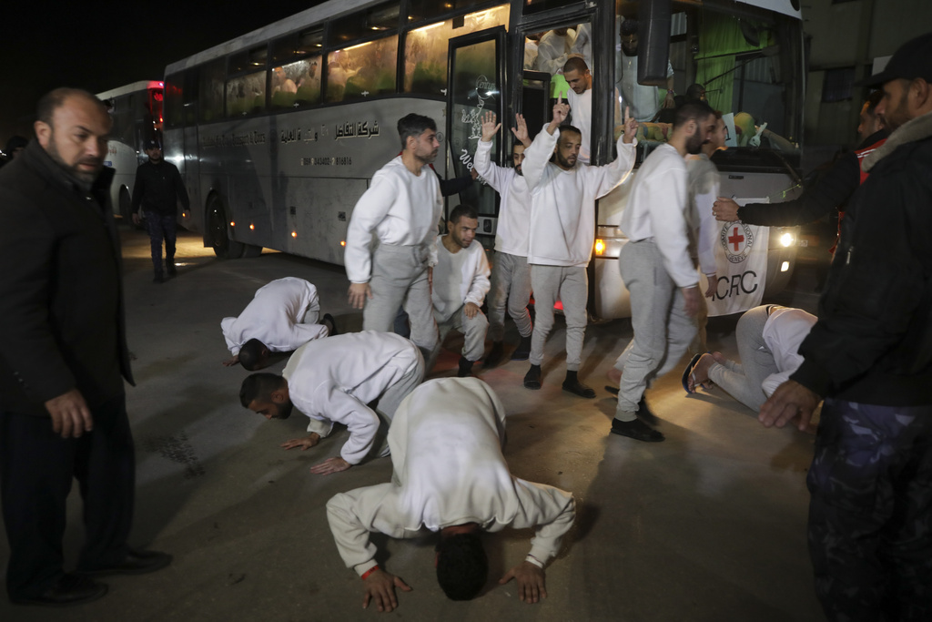 FILE - Freed Palestinian prisoners react as they arrive in the Gaza Strip after being released from an Israeli prison following a ceasefire agreement between Hamas and Israel in Khan Younis, Gaza Strip, Thursday, Feb. 27, 2025. (AP Photo/Jehad Alshrafi,File)