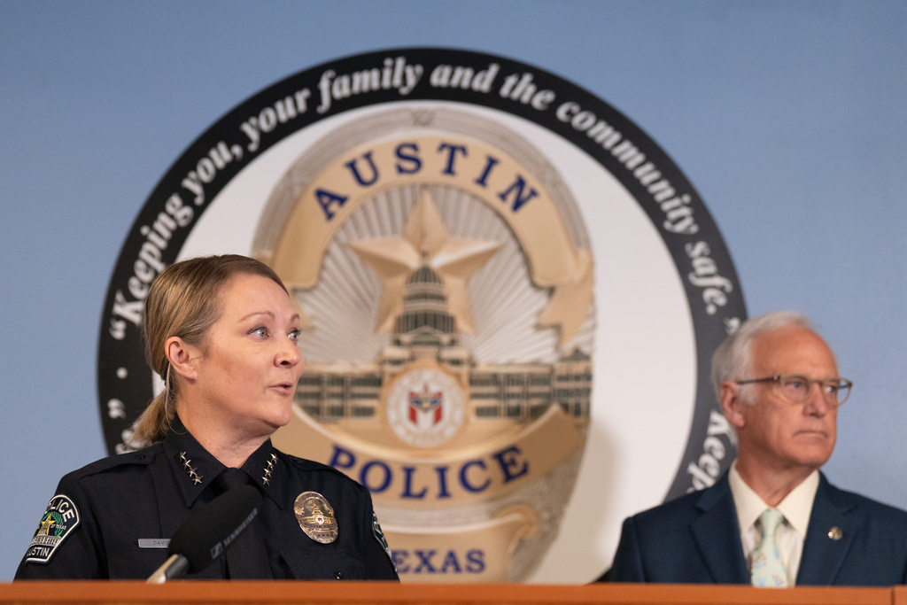 Police Chief Lisa Davis addresses the press, alongside Mayor Kirk Watson, regarding the West 6th Street mass shooting while at the Austin Police Department Headquarters in Austin, Monday, March 2, 2026. (Mikala Compton/The San Antonio Express-News via AP)