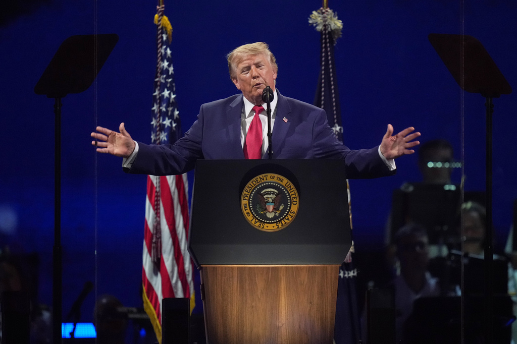 President Donald Trump speaks at Salute to America, an Independence Day event honoring the nation's 250th anniversary, Saturday, July 4, 2026, on the National Mall in Washington. (AP Photo/Alex Brandon)