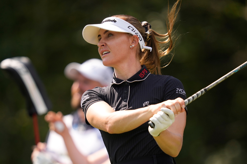 Charley Hull, of England, hits off the 13th tee during the first round of the LPGA FM Championship golf tournament in Norton, Mass., Thursday, Aug. 27, 2026. (AP Photo/Charles Krupa)