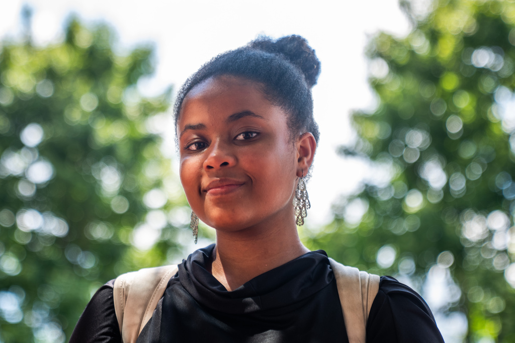 Howard University freshman Nikiyah Clark poses for a portrait on move-in day, Thursday, Aug. 6, 2026, in Washington. (AP Photo/Allison Robbert)
