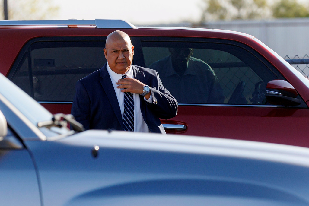 FILE - Former Uvalde school district police chief Pete Arredondo prepares to walk into the Uvalde County Justice Center for a pre-trial hearing on Dec. 19, 2024, in Uvalde, Texas. (Sam Owens/The San Antonio Express-News via AP, File)
