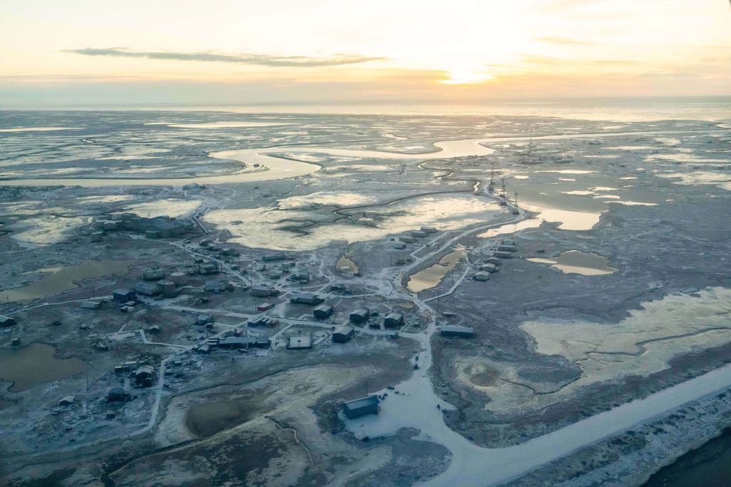 The village of Kwigillingok, Alaska sits on the edge of the Bering Sea, Monday, Oct. 27, 2025, after Typhoon Halong hit the region earlier in the month. (AP Photo/Lindsey Wasson)