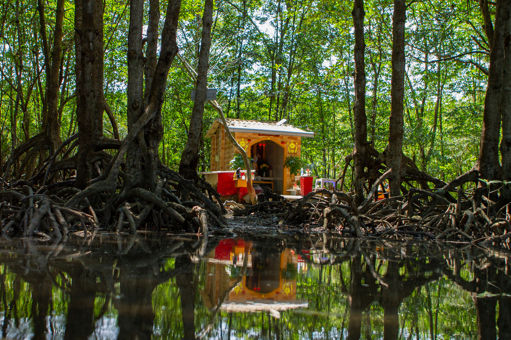 A shrine stands within a dense mangrove forest in Can Gio, Vietnam, Sunday, March 1, 2026. (AP Photo/Aniruddha Ghosal)