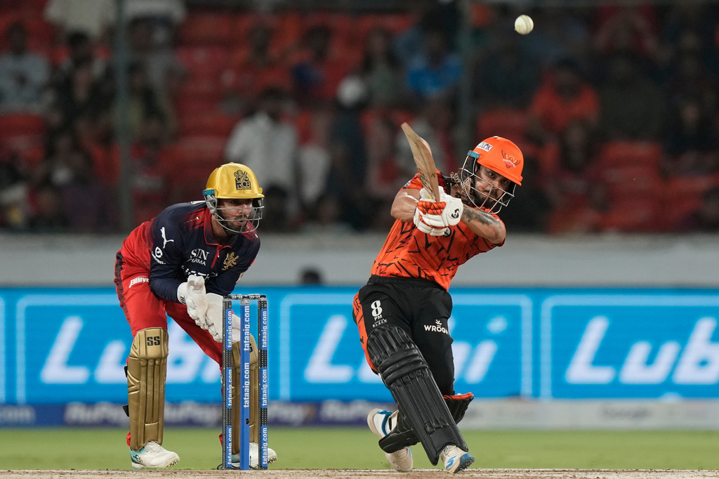 Sunrisers Hyderabad's captain Ishan Kishan hits a six during the Indian Premier League cricket match between Sunrisers Hyderabad and Royal Challengers Bengaluru in Hyderabad, India, Friday, May 22, 2026. (AP Photo/Mahesh Kumar A.)