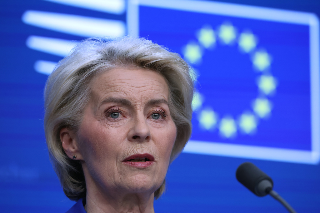 European Commission President Ursula von der Leyen addresses a media conference at the conclusion of the EU summit in Brussels, Friday, Oct. 16, 2026. (AP Photo/Omar Havana)