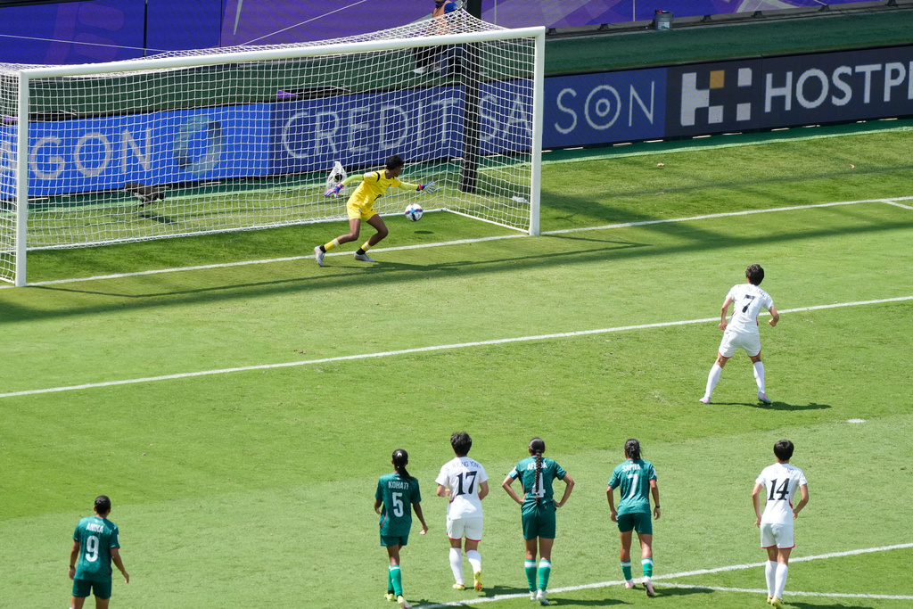 North Korea's Myong Yu Jong, right, scores against Bangladesh's goalkeeper Mile Akter from a penalty during their Women's Asian Cup Soccer match in Sydney, Friday, March 6, 2026. (AP Photo/Rick Rycroft)