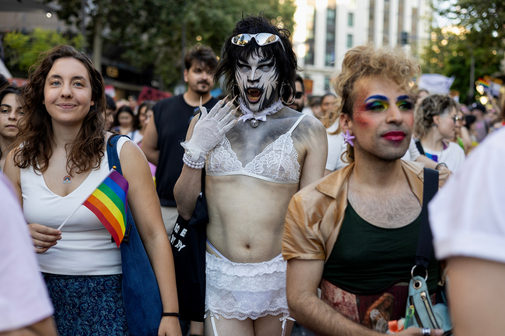 Revelers take part in the annual Athens Pride parade, in Athens, Greece, Saturday, June 13, 2026. (AP Photo/Yorgos Karahalis)