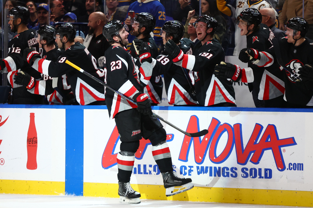 Buffalo Sabres defenseman Mattias Samuelsson (23) celebrates his goal during the second period of an NHL hockey game against the Boston Bruins, Saturday, Dec. 27, 2025, in Buffalo, N.Y. (AP Photo/Jeffrey T. Barnes)