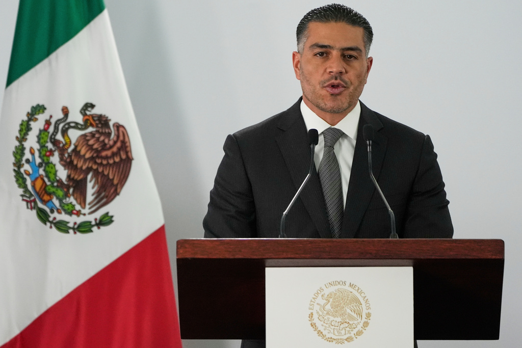 FILE - Mexican Security and Citizen Protection Minister Omar Garcia Harfuch attend a news conference in Mexico City, Aug. 13, 2025. (AP Photo/Fernando Llano, File)